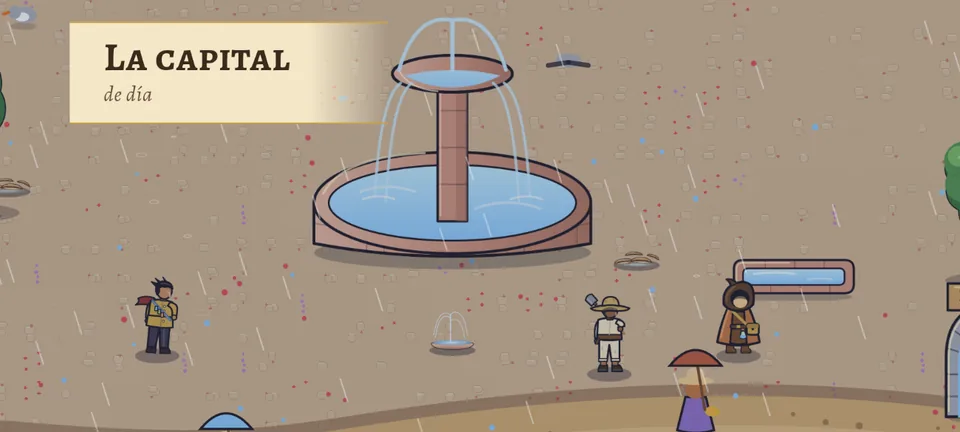 Antes: la plaza con lluvia; una fuente redonda con una taza alta sobre un pilar y, a la derecha, una caja alargada de cantera con agua, como un bebedero.