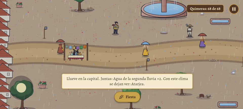 La capital con lluvia: gotas que caen sobre el empedrado, gente con paraguas de colores y, abajo, el aviso: «Llueve en la capital. Juntas: Agua de la segunda lluvia ×2. Con este clima se dejan ver: Atarjea».