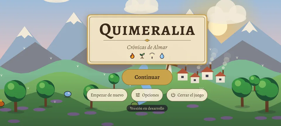 Ahora: la pantalla de título con el valle animado: nubes, el sol detrás de las montañas, humo saliendo de las chimeneas de las casas y árboles; la cartela con marco doble y los cuatro íconos de las esencias; abajo, «Continuar», «Empezar de nuevo», «Opciones» y «Cerrar el juego».