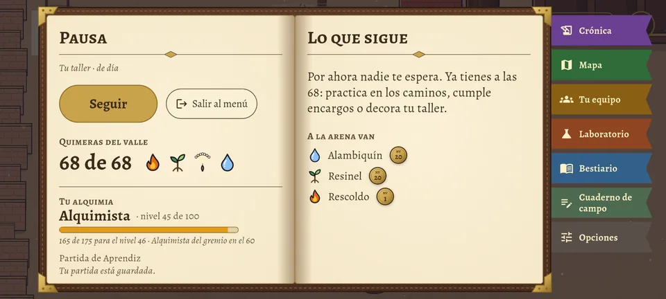 La pausa del juego como un libro abierto: a la izquierda, «Pausa», el botón «Seguir» y, junto a él, «Salir al menú»; abajo, quimeras del valle 68 de 68 y tu alquimia; a la derecha, «Lo que sigue» y las quimeras que van a la arena; marcadores de colores a un lado.