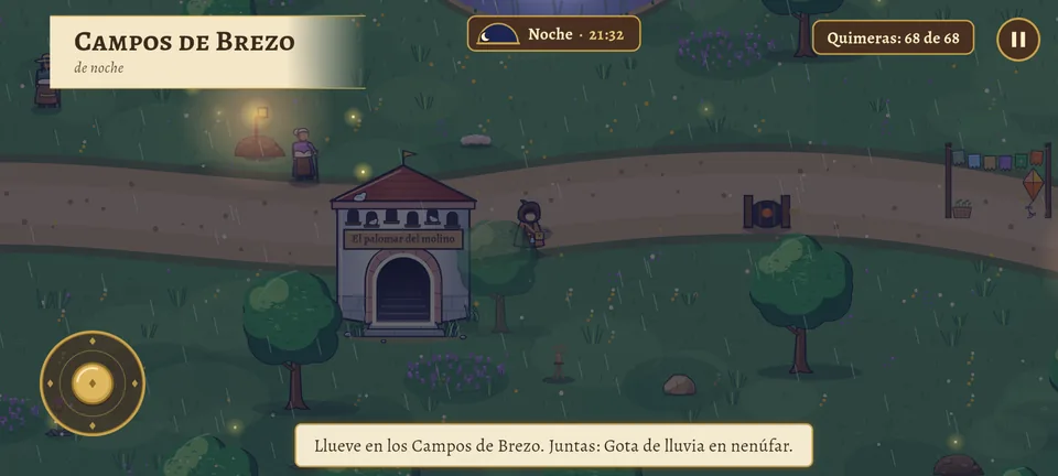 Los Campos de Brezo a las 21:32: todo en azul verdoso oscuro, un farol encendido, luciérnagas y, abajo, el aviso «Llueve en los Campos de Brezo. Juntas: Gota de lluvia en nenúfar»; arriba, el indicador con la luna y «Noche · 21:32».