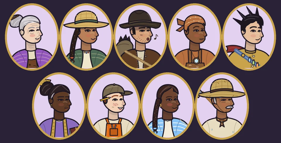 Los nueve retratos nuevos en óvalos con aro de latón: Engracia con chongo cano, Fidela con sombrero de palma, Abundio con sombrero de fieltro silbando, Casilda con pañoleta cobre y lupa, Ciriaco con el pelo revuelto, Eulalia con chongo y peineta, Benigno con gorra y lápiz en la oreja, Trinidad con trenza y Pascual con sombrero ancho y bigote cano. Sus tonos de piel van de muy claro a muy oscuro.