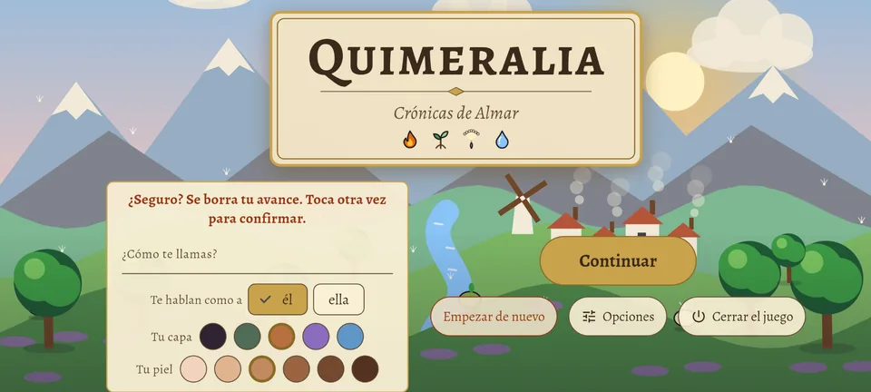 La pantalla de título con la ficha del aprendiz: «¿Cómo te llamas?», «Te hablan como a» con «él» marcado y «ella», «Tu capa» con cinco círculos de color y «Tu piel» con seis círculos que van de un tono muy claro a uno muy oscuro, con el de en medio marcado.