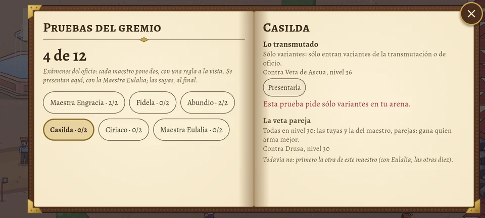 Ahora: la misma página de Casilda. El aviso en rojo, «Esta prueba pide sólo variantes en tu arena», va justo debajo del botón «Presentarla» de «Lo transmutado», antes de «La veta pareja».