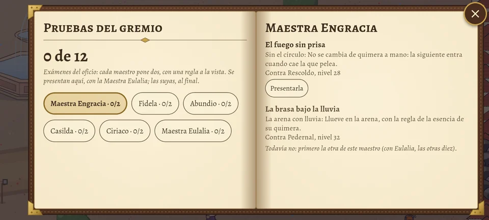 La página «Pruebas del gremio» del libro: a la izquierda, «0 de 12», una nota que explica que cada maestro pone dos pruebas con una regla a la vista, y seis botones con los maestros y sus cuentas. A la derecha, las dos pruebas de la Maestra Engracia: «El fuego sin prisa», sin el círculo, contra Rescoldo nivel 28, con el botón «Presentarla»; y «La brasa bajo la lluvia», contra Pedernal nivel 32, con la nota «Todavía no: primero la otra de este maestro».