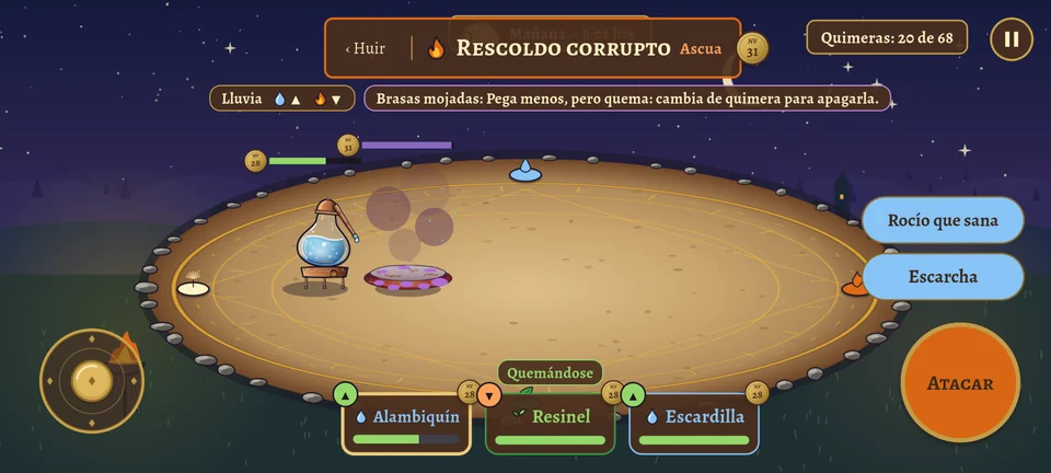 Ahora: la misma pelea contra Rescoldo corrupto. El letrero «Lluvia» y la placa «Brasas mojadas» van juntos en un solo renglón bajo el nombre de la corrupta, y su barra de vida morada se ve completa. Resinel lleva la etiqueta «Quemándose» y ya no aparece el botón «Anotar».