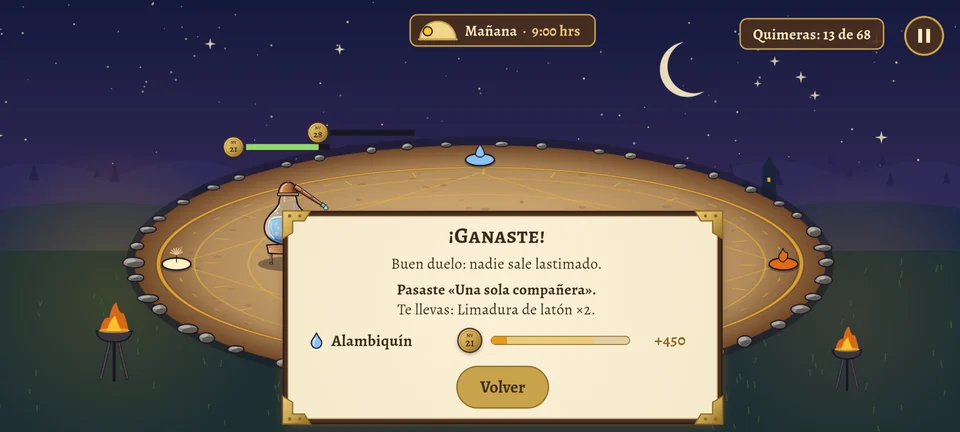 Ahora: la hoja «¡Ganaste!» de la prueba «Una sola compañera»: «Buen duelo: nadie sale lastimado», «Pasaste «Una sola compañera»» y, justo debajo, «Te llevas: Limadura de latón ×2», arriba de la experiencia de Alambiquín.