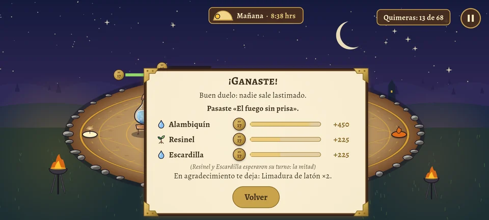 Antes: la hoja «¡Ganaste!» de la prueba «El fuego sin prisa», con la experiencia de Alambiquín, Resinel y Escardilla y, hasta abajo, «En agradecimiento te deja: Limadura de latón ×2», justo arriba del botón «Volver».