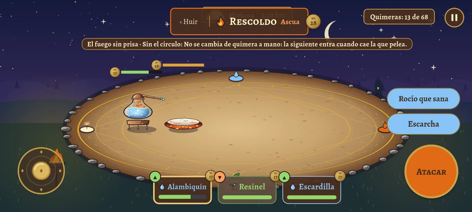 La arena de noche en la prueba «El fuego sin prisa» contra Rescoldo, nivel 28. Bajo el nombre del rival, la placa de la prueba: «El fuego sin prisa · Sin el círculo: No se cambia de quimera a mano: la siguiente entra cuando cae la que pelea». Alambiquín está en la arena y abajo esperan Resinel y Escardilla.