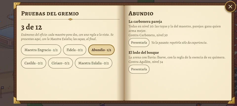La página de las pruebas con «3 de 12»: Maestra Engracia 2/2 y Abundio 1/2. A la derecha, las pruebas de Abundio: «La carbonera pareja», todas en nivel 30 contra Carbonera, con la nota «Ya la pasaste: repetirla sólo da experiencia»; y «El lodo del bosque», contra Agallón nivel 34.