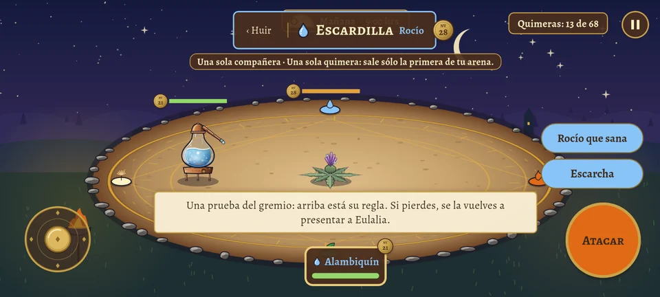 La arena en la prueba «Una sola compañera» contra Escardilla, nivel 28: abajo sólo está Alambiquín. Un aviso al centro dice: «Una prueba del gremio: arriba está su regla. Si pierdes, se la vuelves a presentar a Eulalia».