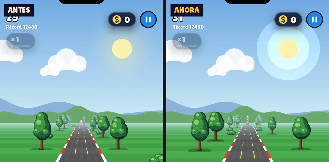 La pradera de Rail Critters, antes y ahora: el sol ahora tiene un halo claro en anillos alrededor.