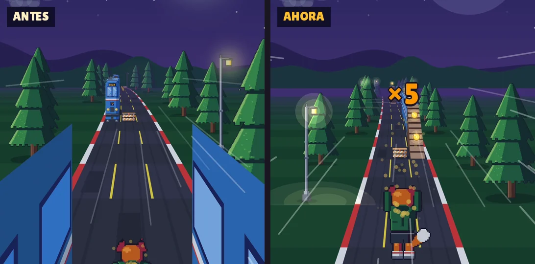 El bosque de noche en Rail Critters, antes y ahora: antes el farol tenía un brillo chico y la carretera estaba pareja; ahora el farol deja un charco de luz cálida en la carretera y su foco brilla en anillos.