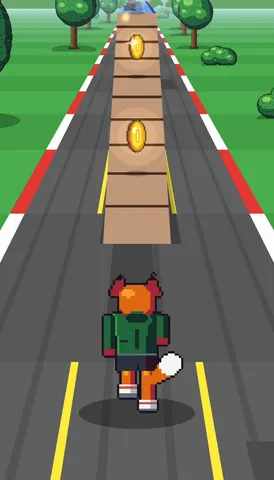 Animación de Rail Critters: el zorro sube corriendo la rampa, corre sobre el techo del tren, salta al suelo, se aplasta al caer y levanta polvo.
