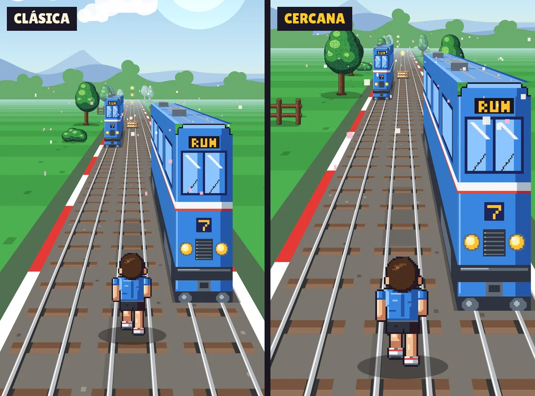 El mismo momento de Rail Critters con las dos cámaras: con la clásica el corredor se ve chico y el tren de al lado queda a media pantalla; con la cercana el corredor y el tren se ven más grandes y cerca.