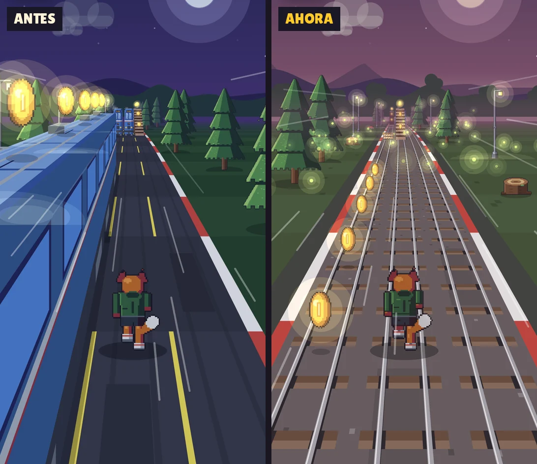 El bosque de noche en Rail Critters, antes y ahora: antes era una carretera con pinos y un cielo azul oscuro; ahora tiene vías, luciérnagas que brillan entre los pinos, faroles encendidos y un cielo morado.
