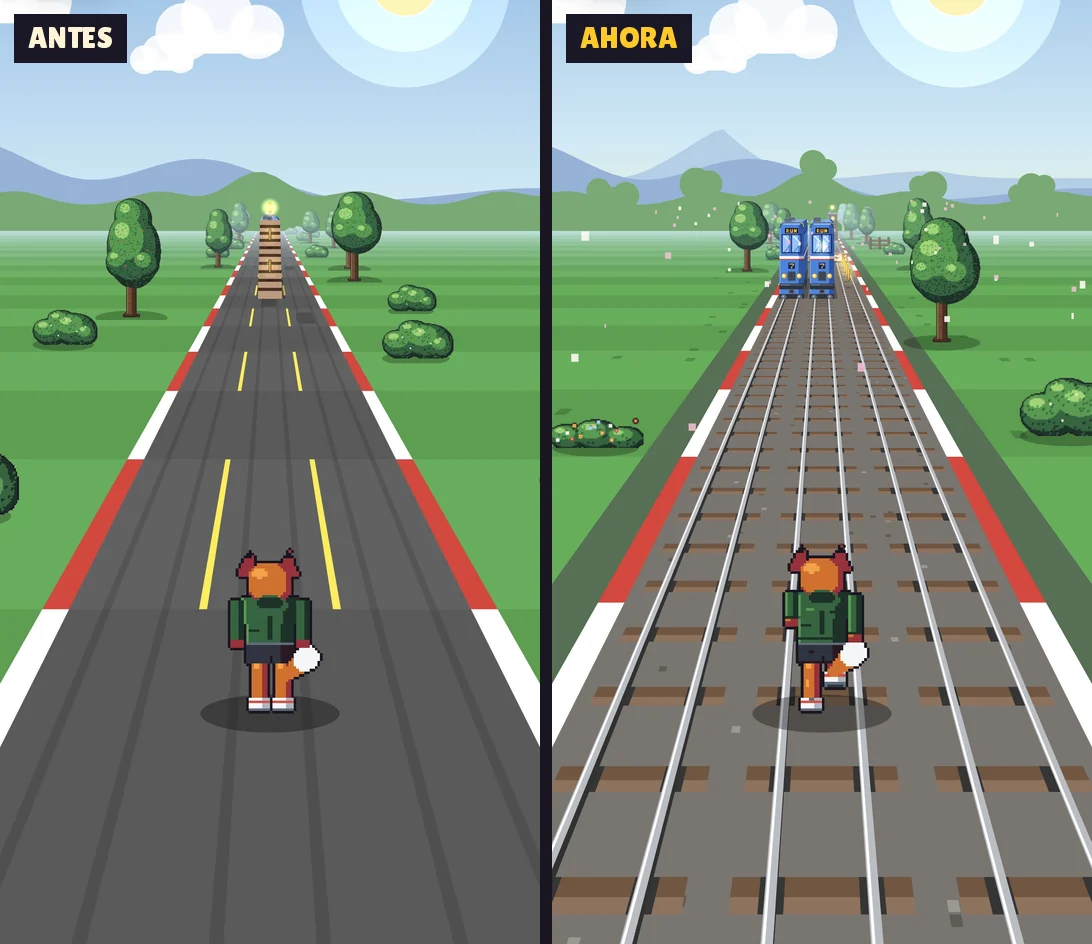 La pradera de Rail Critters, antes y ahora: antes el zorro corría sobre una carretera gris con líneas amarillas; ahora corre sobre tres vías con piedras, durmientes de madera y rieles de acero.