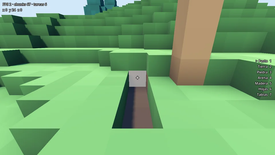 La primera prueba del juego: bloques planos de un solo verde en escalones duros, una zanja recién picada, un tronco de árbol claro y una lista de siete bloques a la derecha de la pantalla.