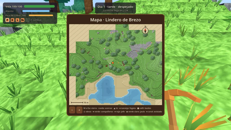 El mapa de ahora en el mismo lugar: el terreno con relieve y curvas de nivel, los árboles en verde bosque, el lago más oscuro donde es hondo y más claro en la orilla, una rosa de los vientos arriba, una escala de 16 metros abajo y botones para acercar y alejar.