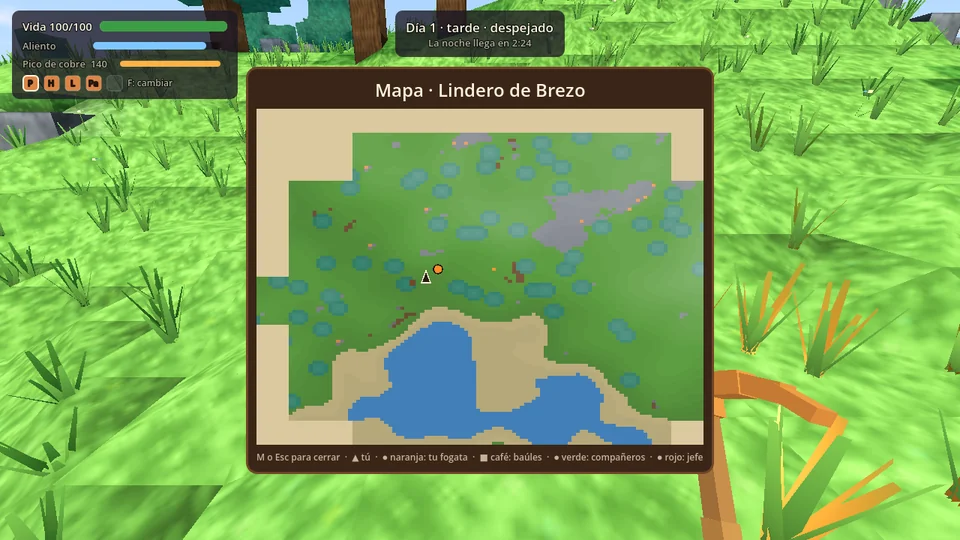 El mapa de antes sobre el juego: un recuadro con cuadritos de colores planos, el pasto verde, los árboles como círculos azulados y un lago azul, sin relieve.