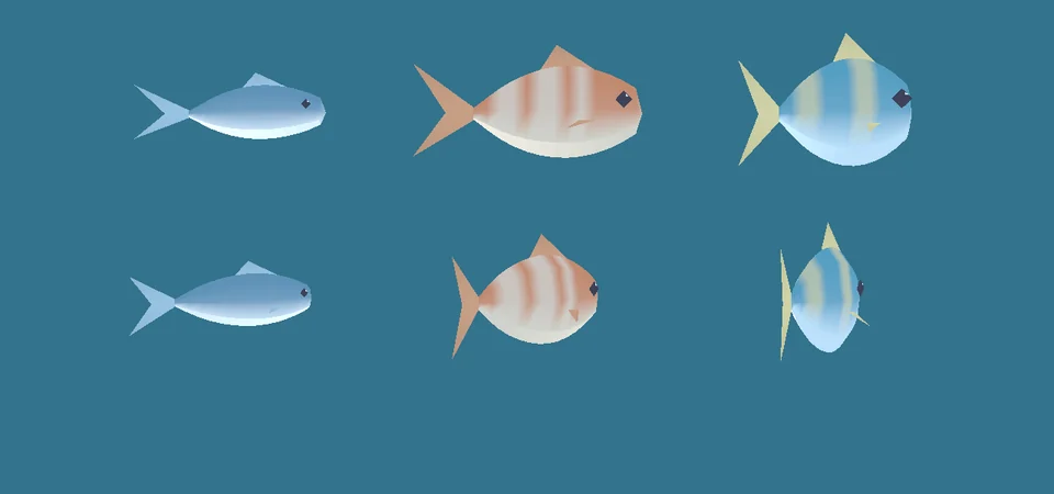 Los peces de ahora sobre el mismo fondo, de lado y de tres cuartos: uno plateado y delgado, uno coral alto con rayas crema y uno de rocío en forma de disco con bandas amarillas, todos con aletas, cola en horquilla y ojos.