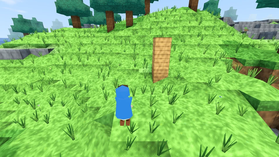 El aprendiz con su capa azul visto por detrás, un poco por encima del hombro, caminando por la pradera hacia unos árboles.