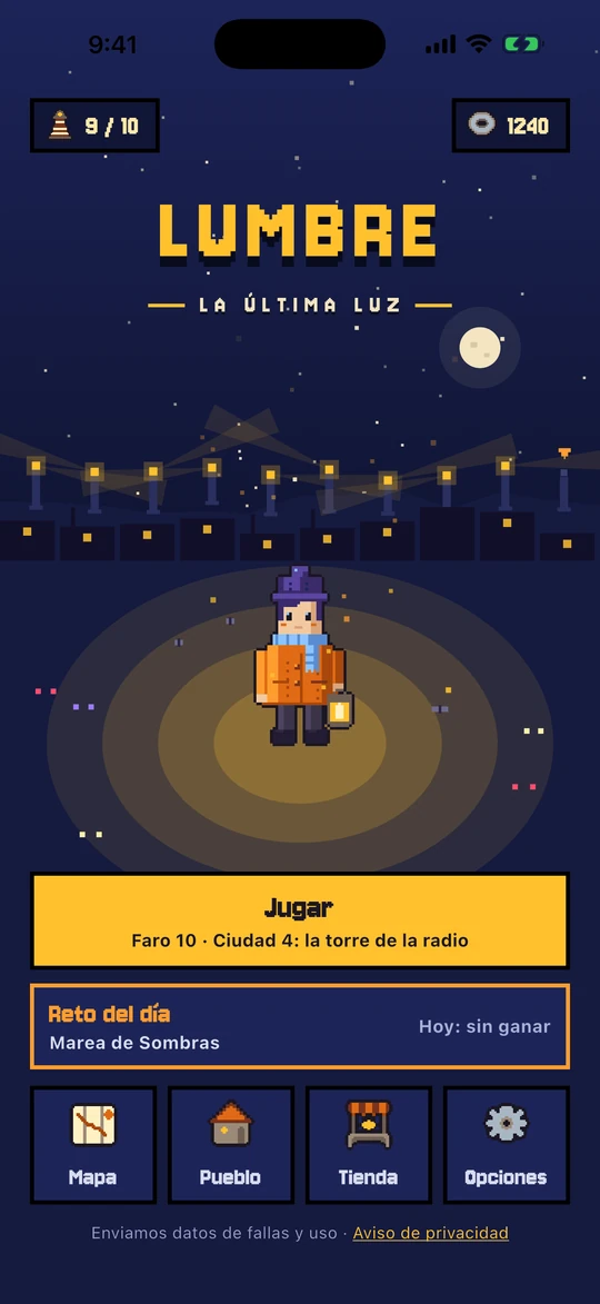 The title screen: the lamplighter, the journey's beacons on the horizon and the Play button.