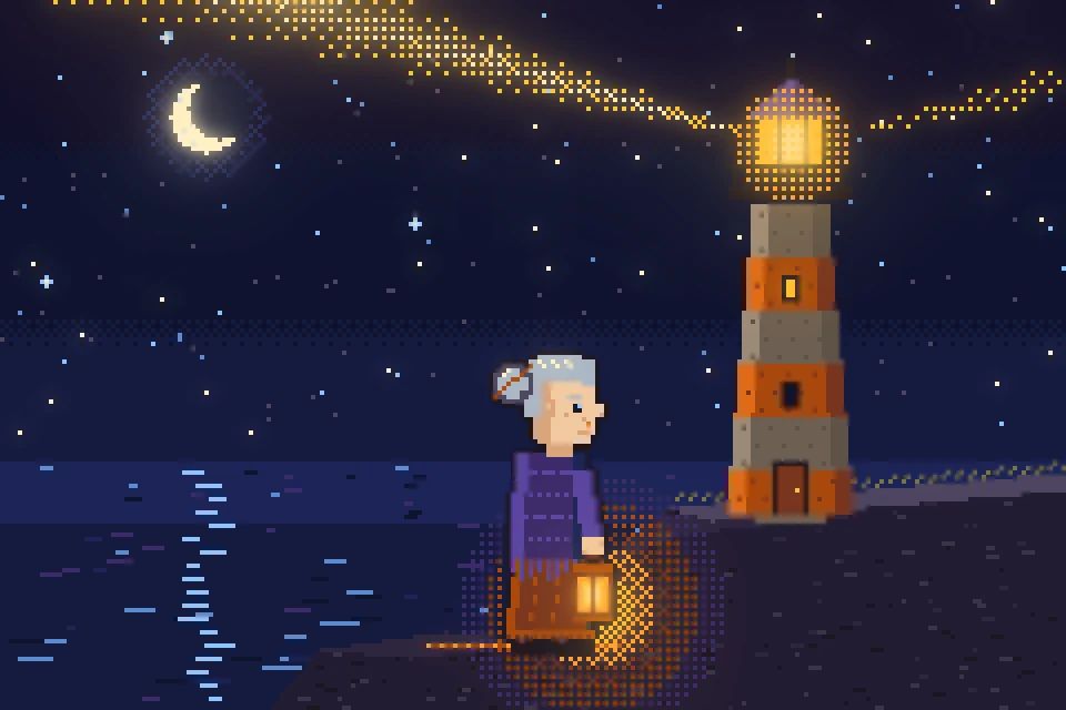 The grandmother at the foot of the coastal lighthouse at night, holding her lit lamp.