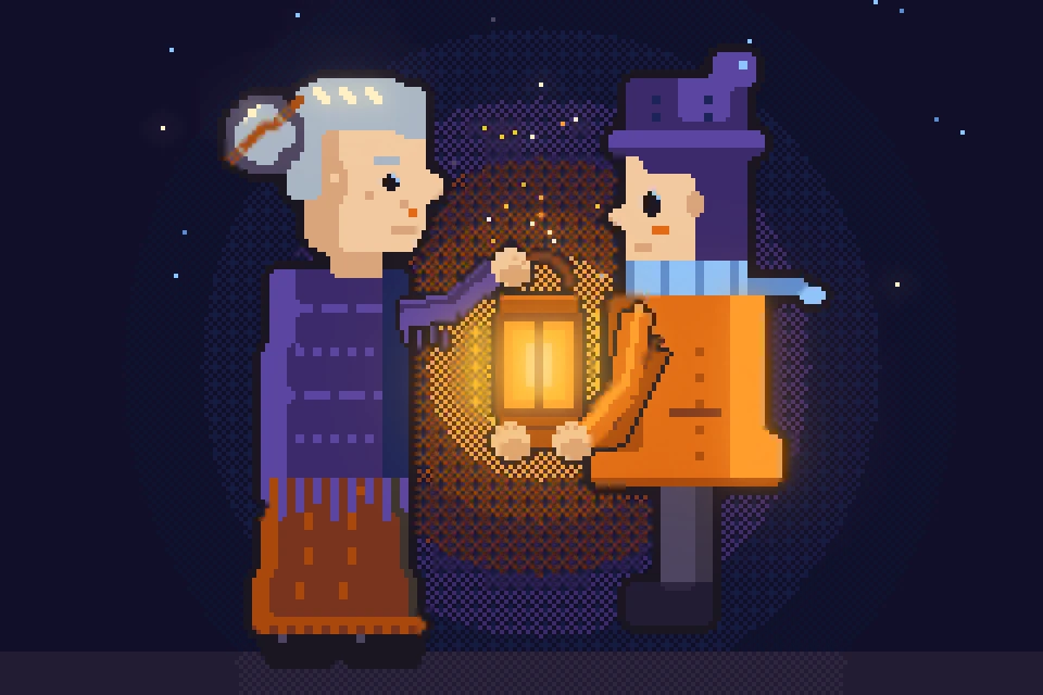 The grandmother and the lamplighter face to face: she hands him the lit lamp.