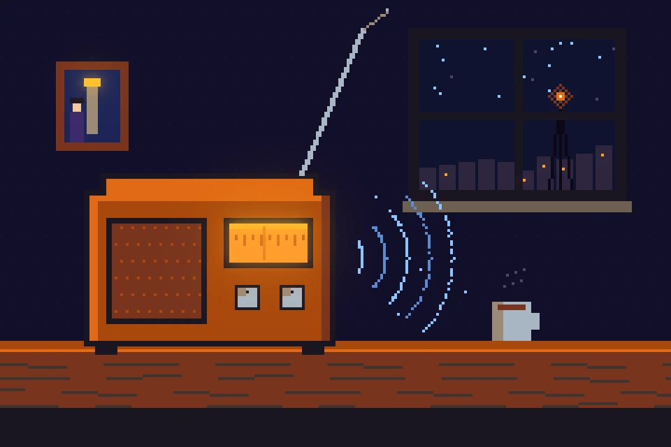 An old radio crackling with static; through the window, a distant tower with a tiny light.