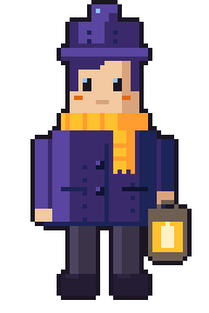 The lamplighter with the purple night coat and golden scarf.