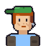 Tere, with a backwards green cap, reddish hair, freckles and a vest.