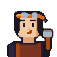 Chayo, with an orange bandana, goggles on her forehead and a hammer on her shoulder.