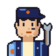 Nacho, with a blue cap and overalls, grease on his cheek and a wrench on his shoulder.