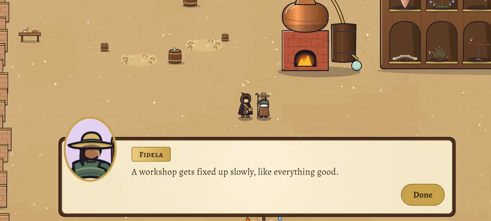 El taller del alquimista de día. Abajo, el diálogo con el retrato de Fidela, la pastora, que dice en inglés: «A workshop gets fixed up slowly, like everything good.»