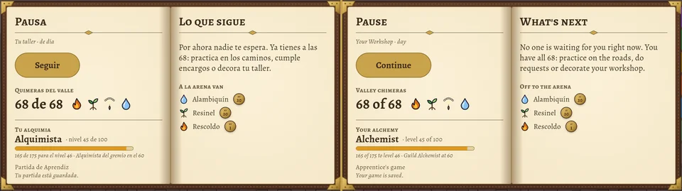 La pausa del juego dos veces, una junto a la otra: a la izquierda en español, con «Pausa», «Lo que sigue» y «Quimeras del valle: 68 de 68»; a la derecha la misma pantalla en inglés, con «Pause», «What's next» y «Valley chimeras: 68 of 68».
