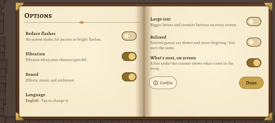 Las opciones del juego en inglés: Reduce flashes, Vibration, Sound y, abajo a la izquierda, «Language: English · Tap to change it»; a la derecha Large text, Relaxed y What's next, on screen.