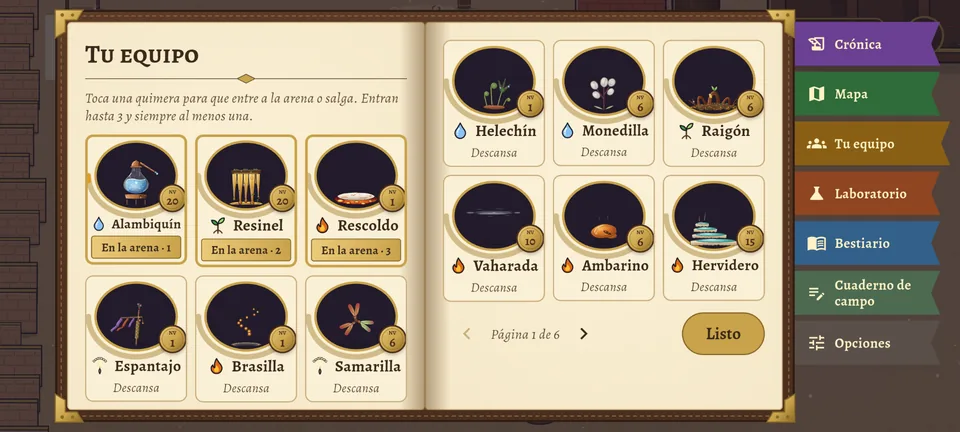 La página de tu equipo en el libro del alquimista: cada quimera en su medallón, con un sello de latón que dice su nivel y un arco ámbar que muestra cuánto le falta para el siguiente.