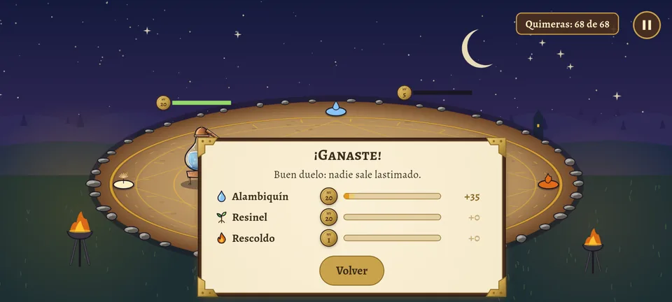 La hoja del resultado después de un duelo ganado: cada una de las tres quimeras con su sello de nivel, su barra de experiencia y lo que ganó.