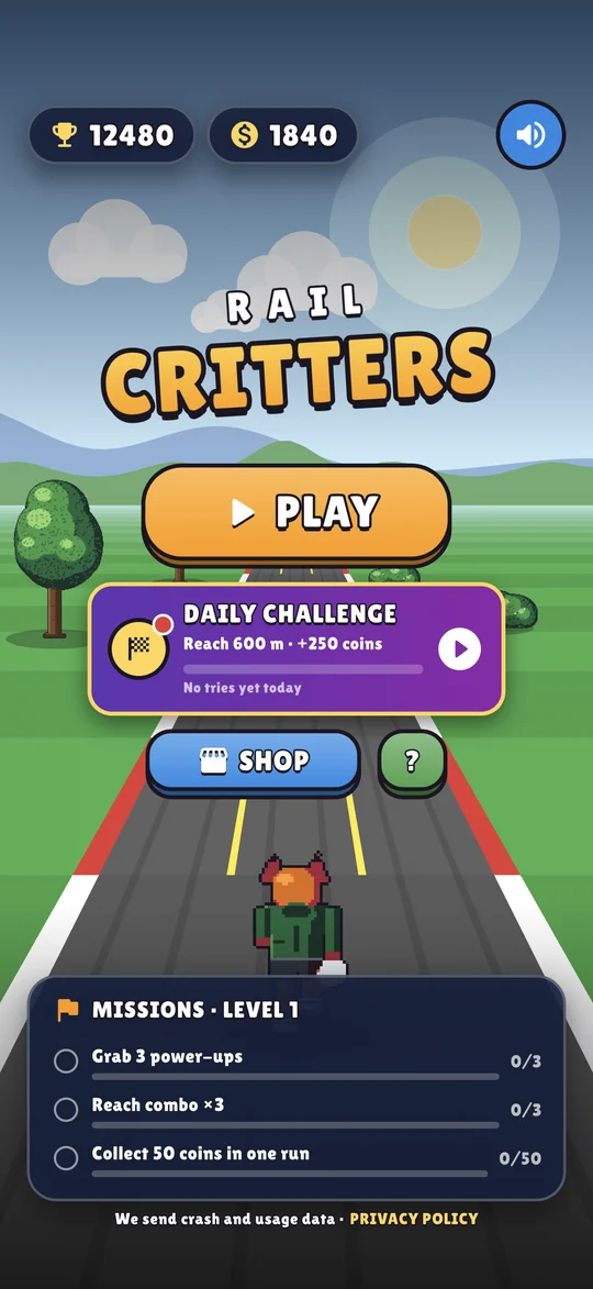 El menú de Rail Critters en inglés: el botón PLAY, el reto del día (DAILY CHALLENGE), la tienda (SHOP) y las misiones del nivel 1.