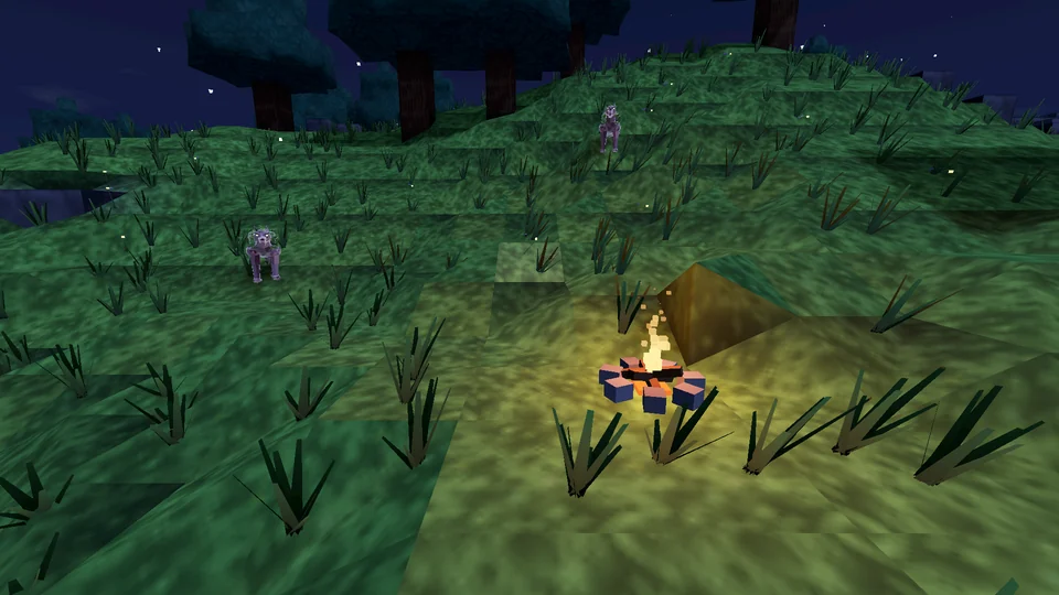 Night in the Lindero: a campfire burning next to a wall of blocks lights up the grass around it, and two moss wolves approach from the dark.