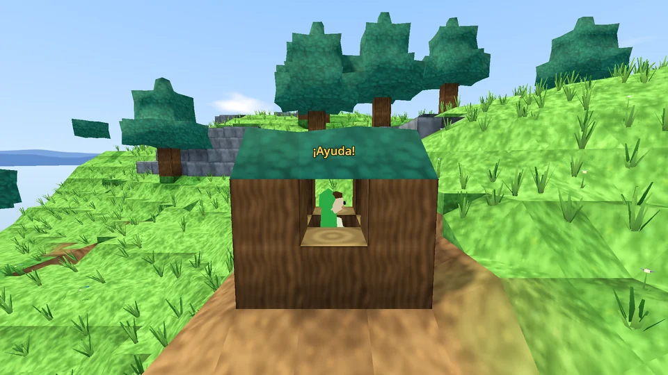 A wooden cage with a leafy roof in the middle of the grass, with a guild neighbor inside and a «¡Ayuda!» (Help!) sign above.