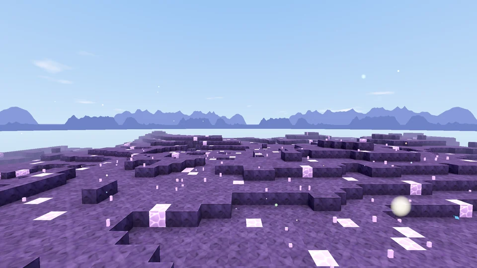 The Grieta Mayor: a floor of stepped violet rock with pink essence crystals and purple spires on the horizon.