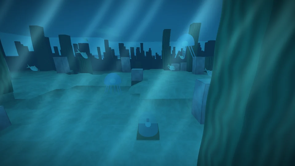Under the water of the Mar Hondo: light rays coming down from above, tall kelp, glowing jellyfish and coral blocks.